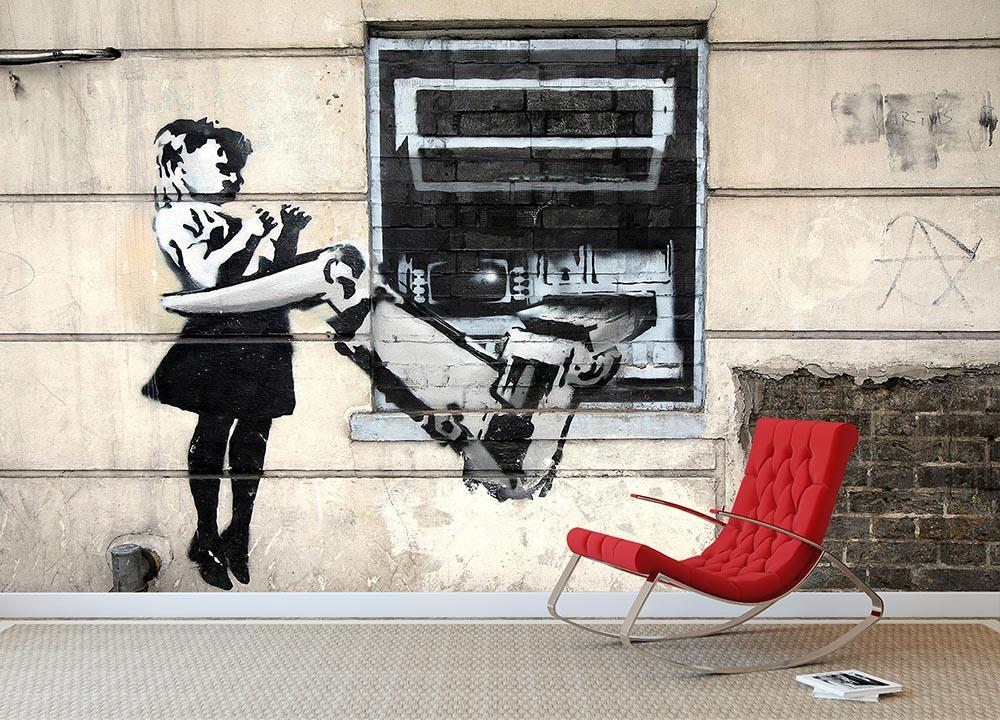 Banksy Cash Machine Girl wall mural wallpaper as a monochrome street art feature wall