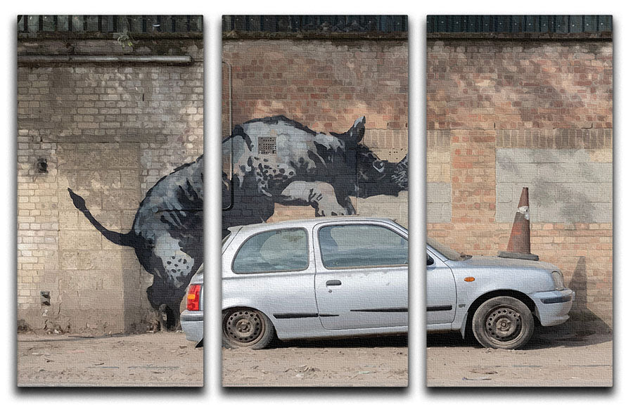 Banksy Rhino In Charlton 3 Split Panel Canvas Print - Canvas Art Rocks - 1