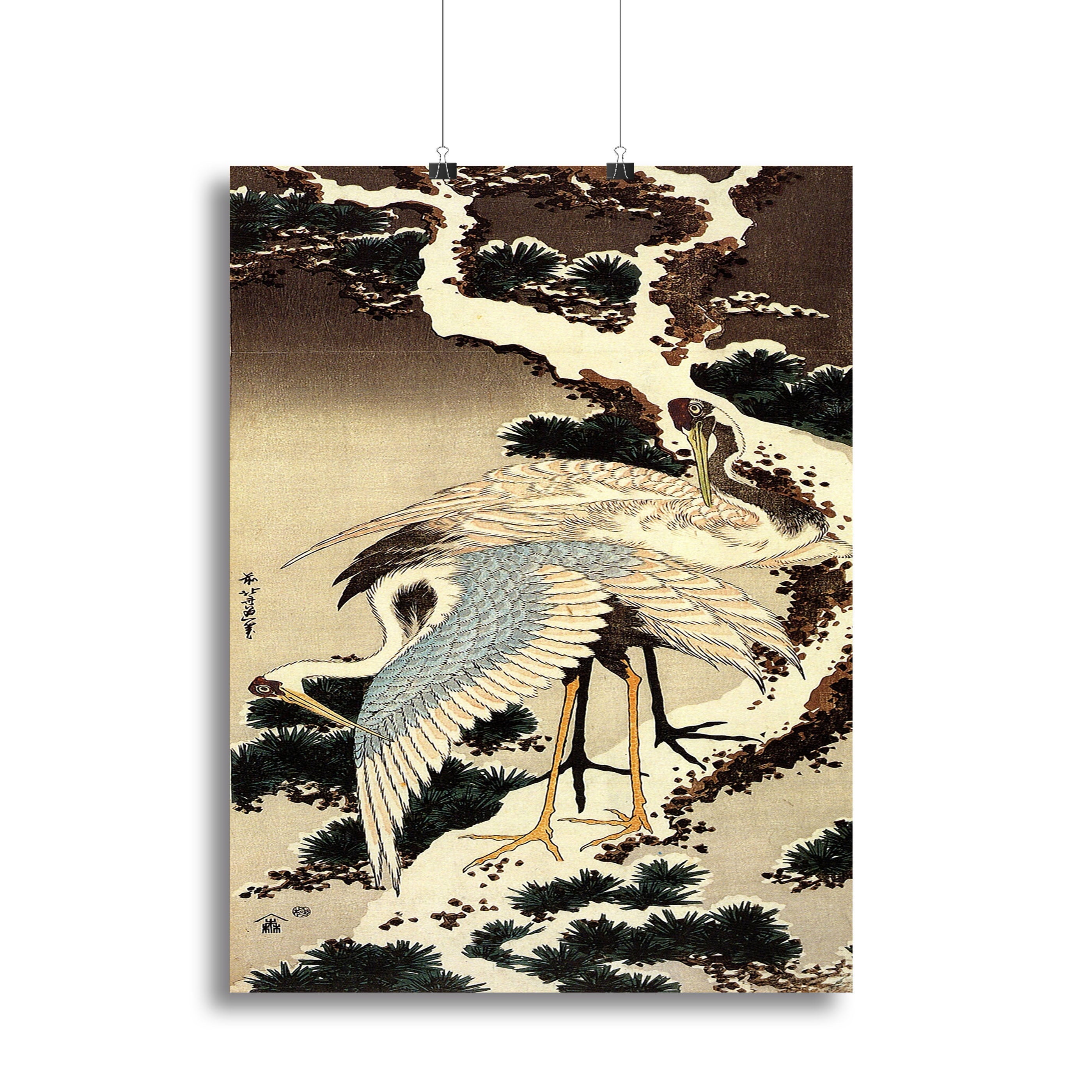 Two cranes on a pine covered with snow by Hokusai Poster - Unframed