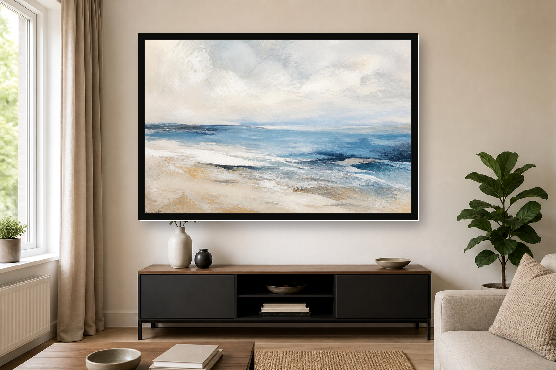 Abstract Coastal Horizon Blue Sand Floating Framed Canvas