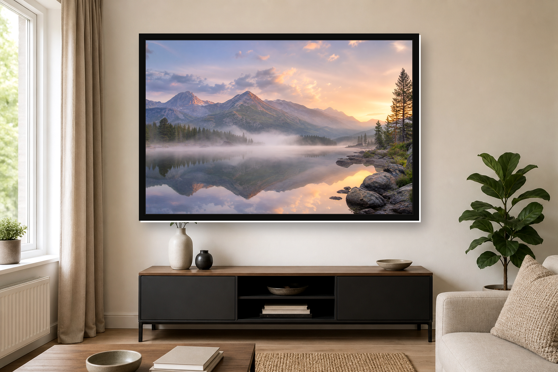 Misty Mountain Lake Sunrise Floating Framed Canvas