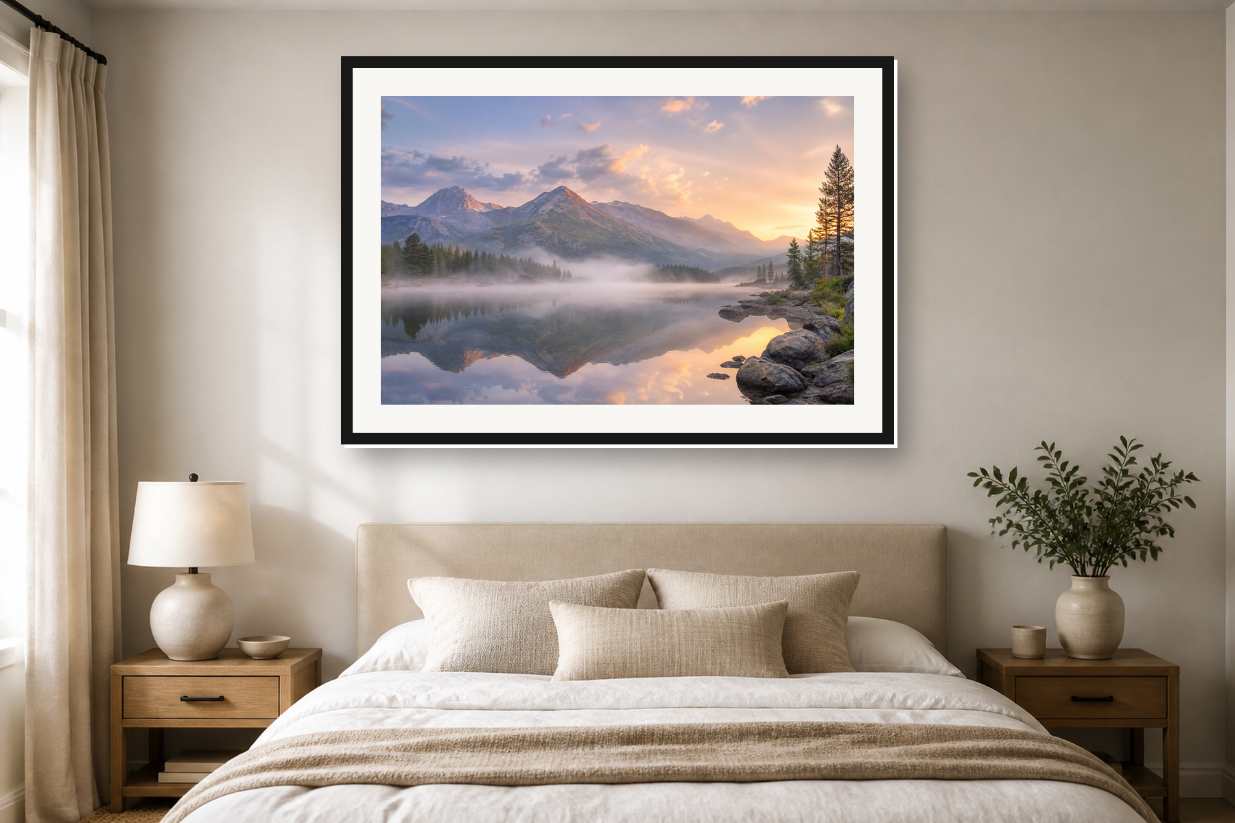 Misty Mountain Lake Sunrise Framed Print or Poster