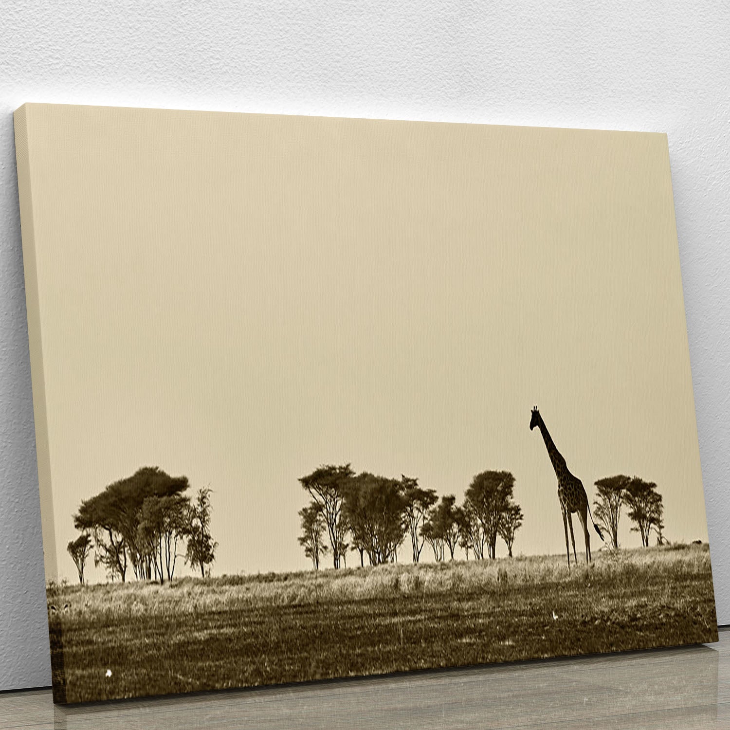 African landscape with giraffe in black and white Canvas Print or Poster - Canvas Art Rocks - 1