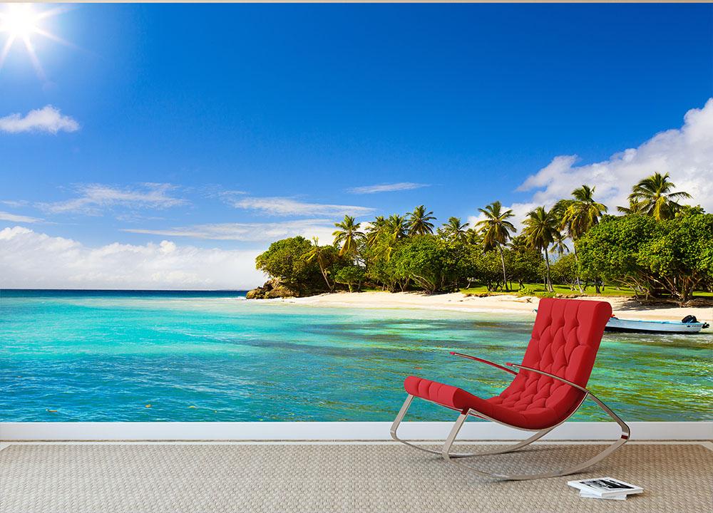 Art Caribbean beach with fishing boat Wall Mural Wallpaper - Canvas Art Rocks - 2