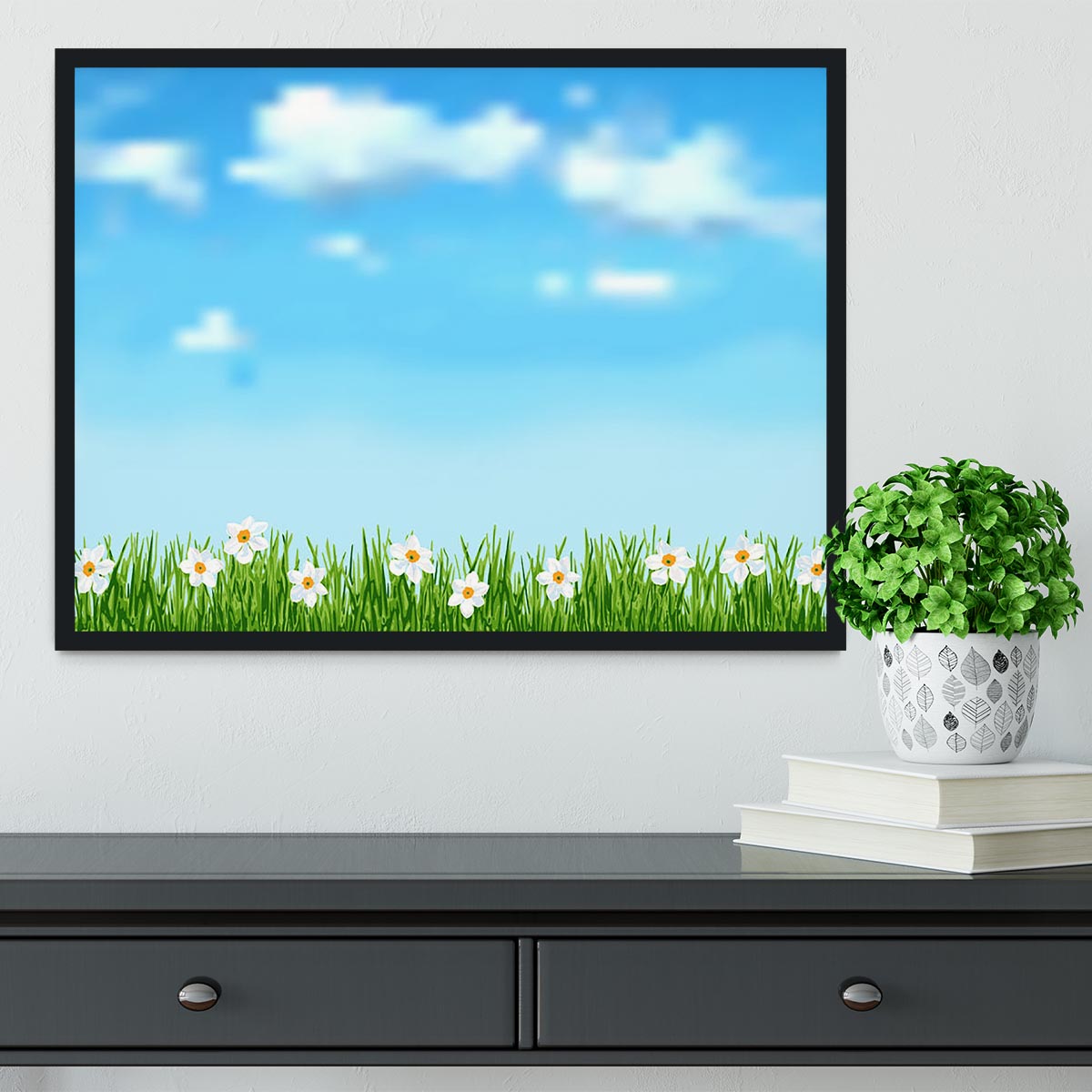 Background with grass and white flowers Framed Print - Canvas Art Rocks - 2