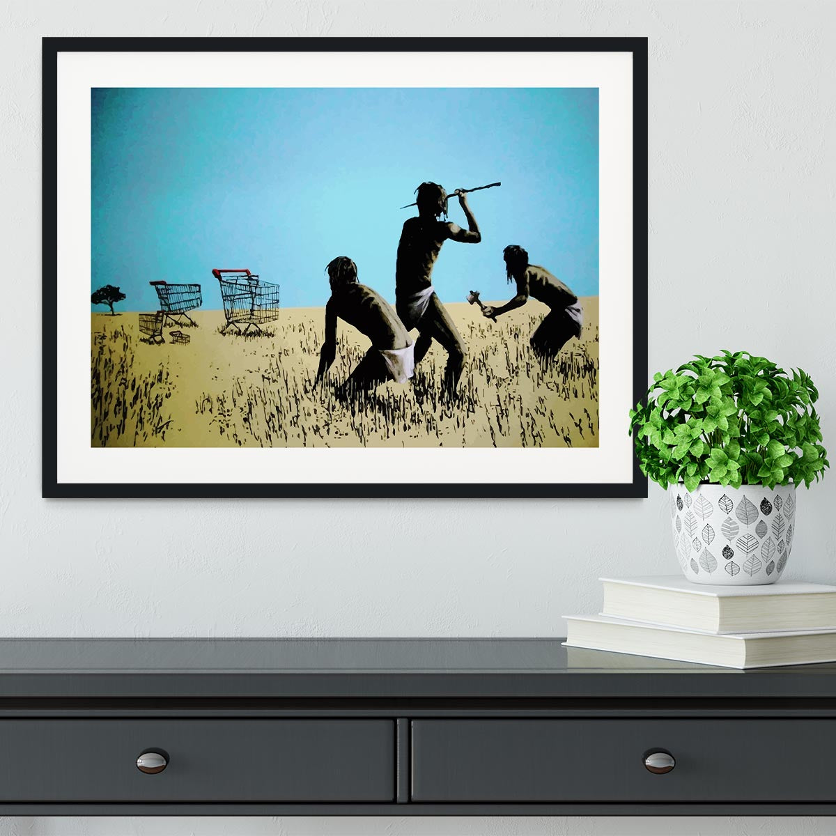 Banksy Aborigine Hunters Framed Print - Canvas Art Rocks - 1
