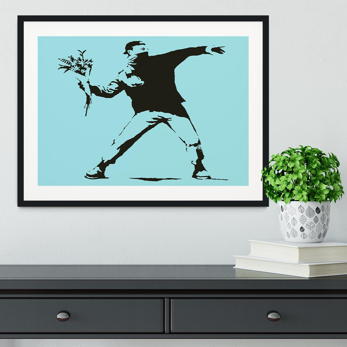 Banksy Flower Thrower Light Blue Framed Print - Canvas Art Rocks - 1