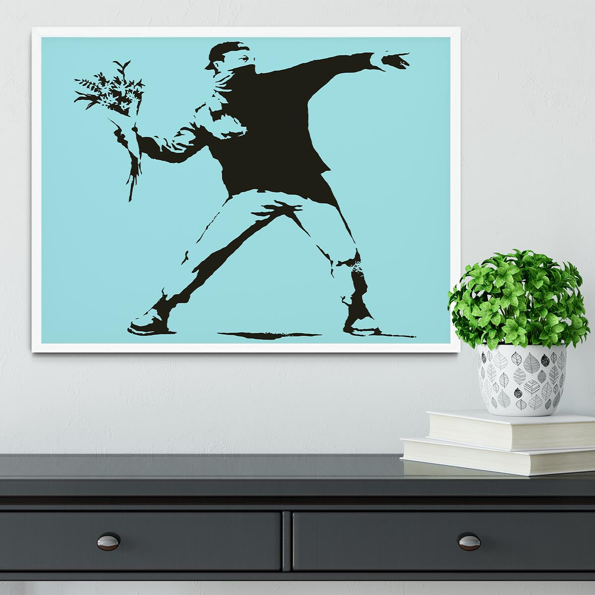 Banksy Flower Thrower Light Blue Framed Print - Canvas Art Rocks -6