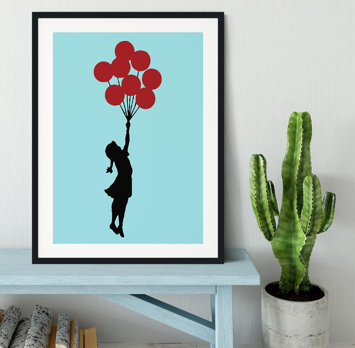Banksy Flying Balloon Girl Light Blue Framed Print - Canvas Art Rocks - 1