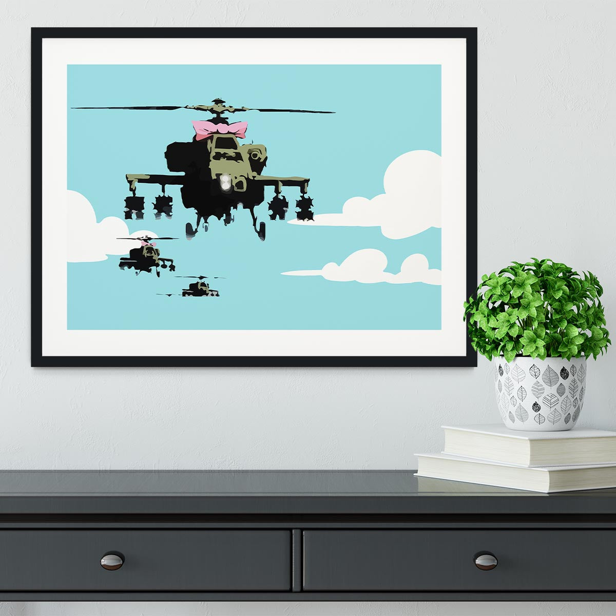 Banksy Friendly Helicopters Light Blue Framed Print - Canvas Art Rocks - 1