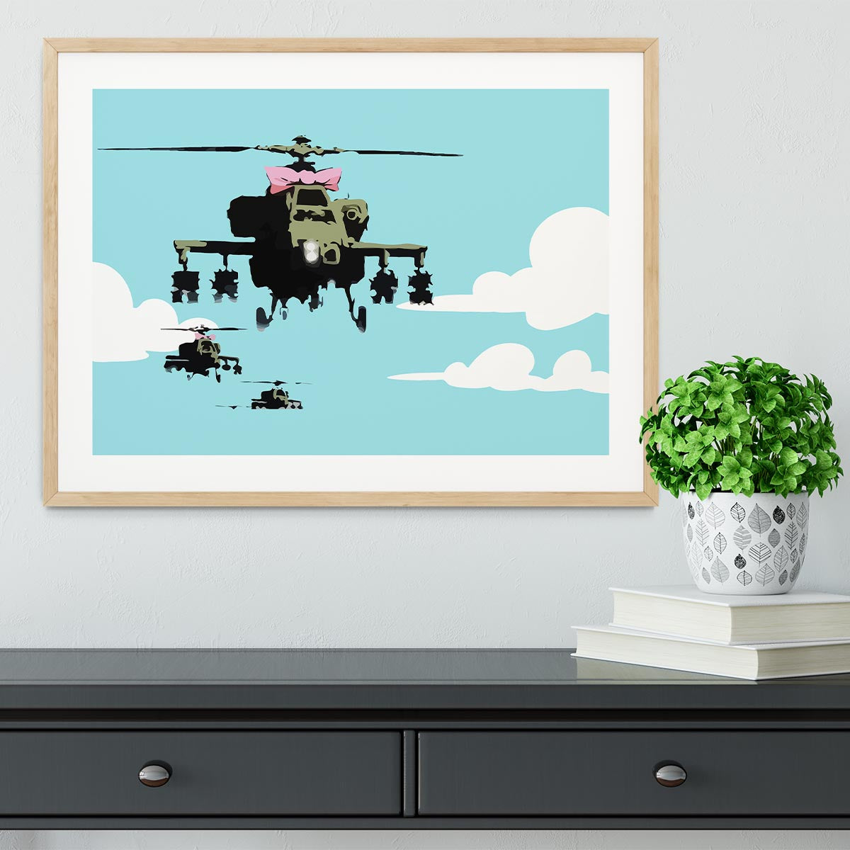 Banksy Friendly Helicopters Light Blue Framed Print - Canvas Art Rocks - 3