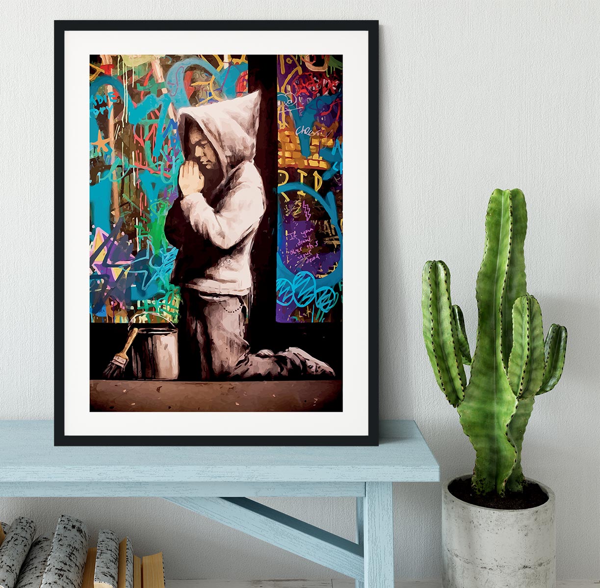 Banksy Graffiti Pray Framed Print - Canvas Art Rocks - 1
