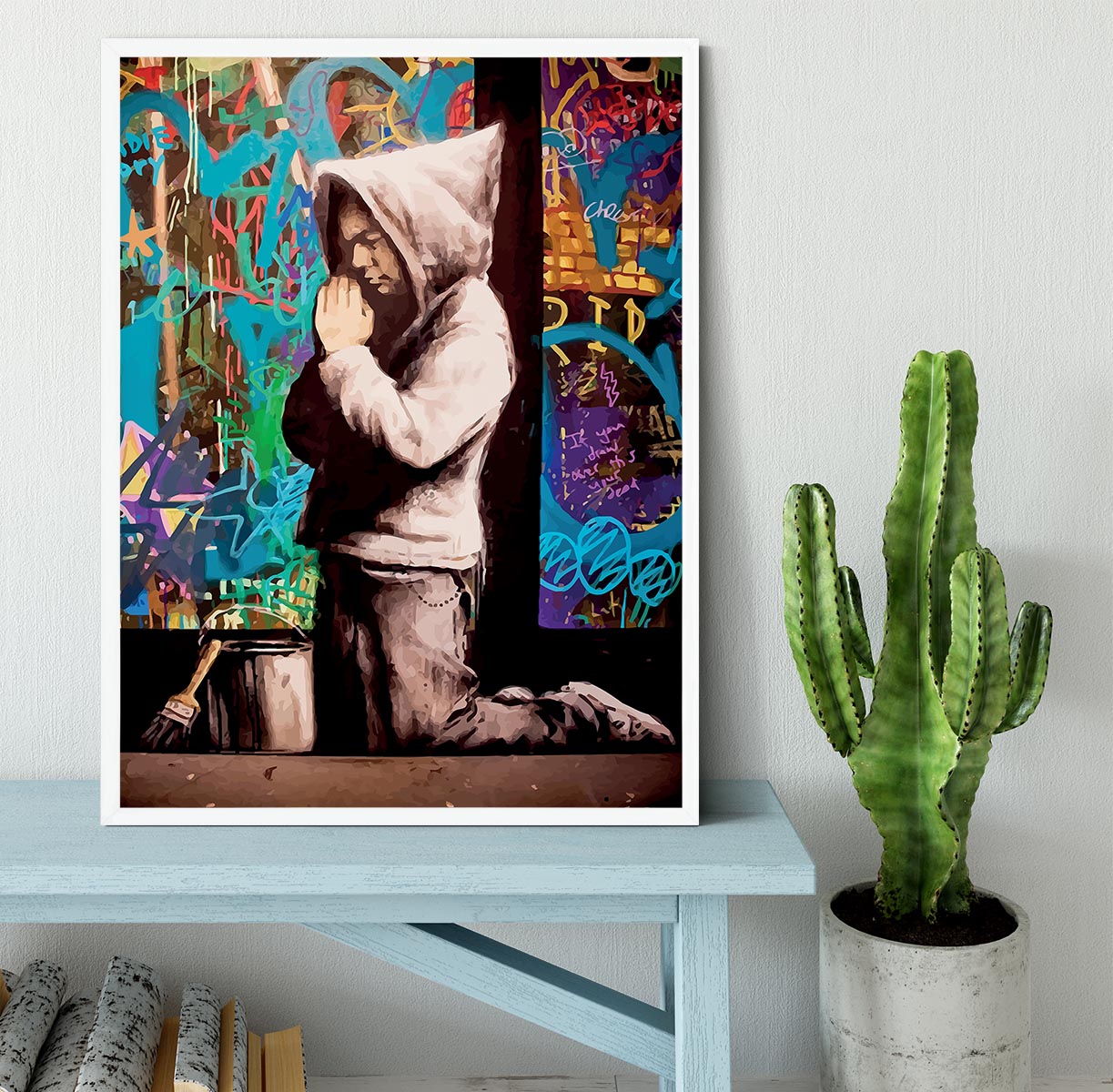 Banksy Graffiti Pray Framed Print - Canvas Art Rocks -6