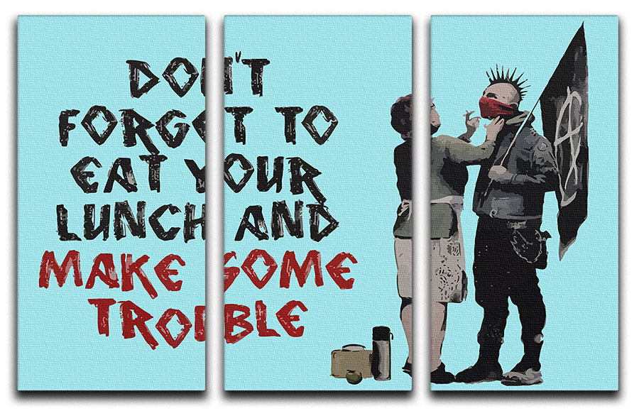 Banksy Make Some Trouble Light Blue 3 Split Panel Canvas Print - Canvas Art Rocks - 1