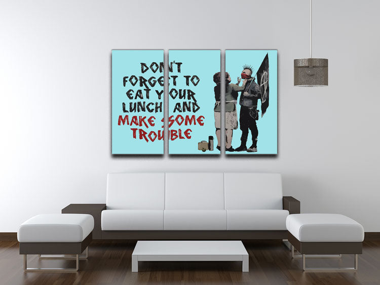 Banksy Make Some Trouble Light Blue 3 Split Panel Canvas Print - Canvas Art Rocks - 3