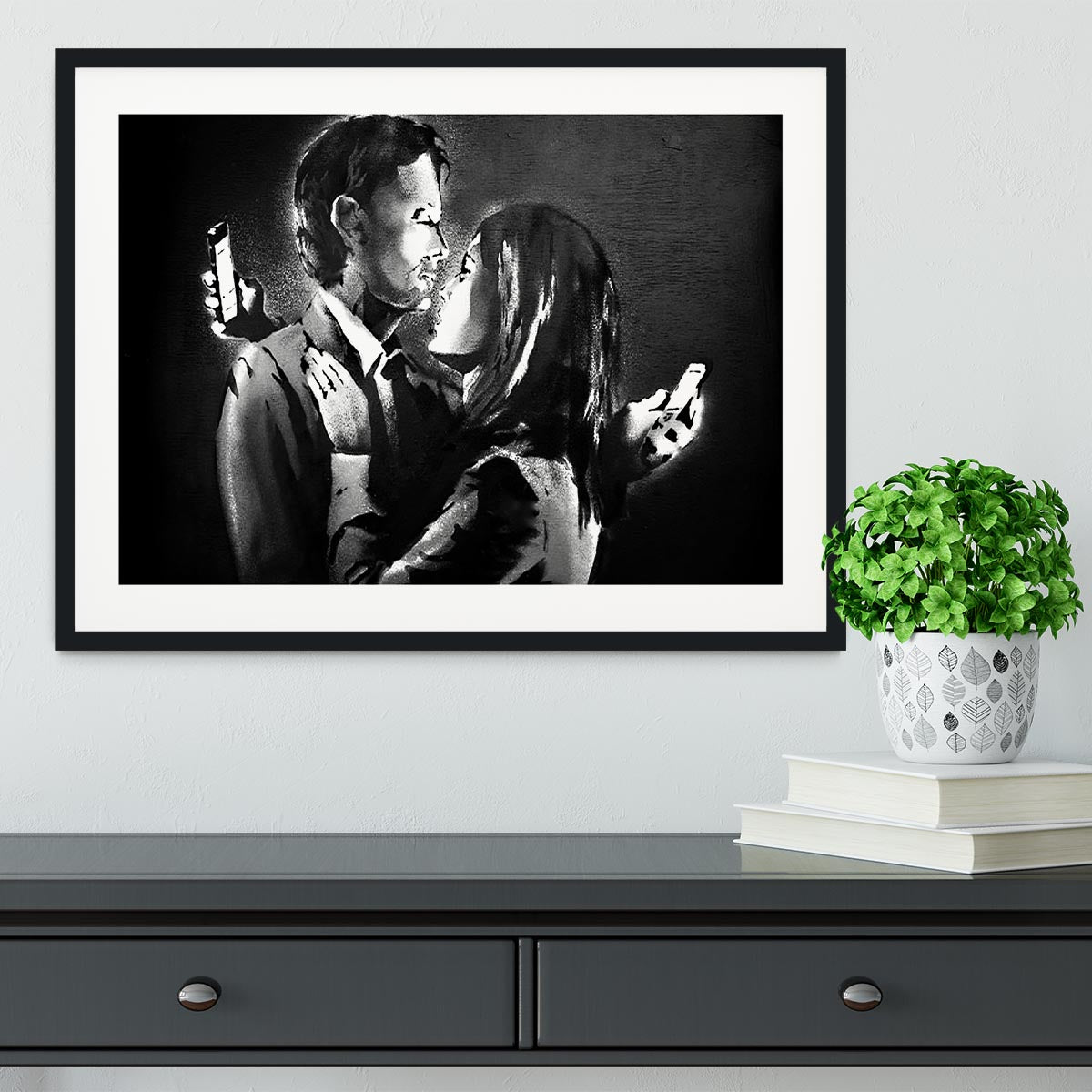 Banksy Mobile Lovers Framed Print - Canvas Art Rocks - 1