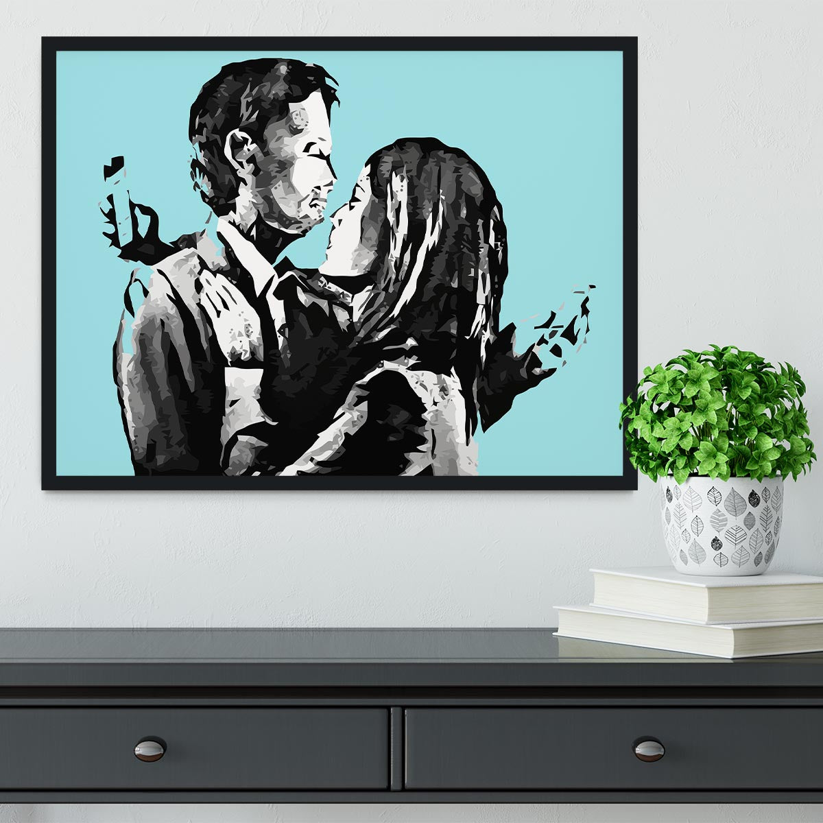 Banksy Mobile Lovers Light Blue Framed Print - Canvas Art Rocks - 2