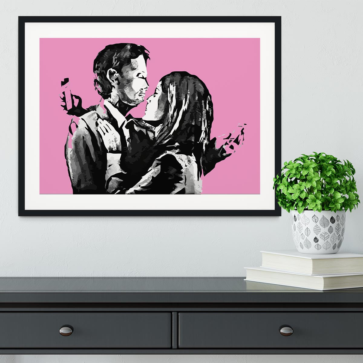 Banksy Mobile Lovers Pink Framed Print - Canvas Art Rocks - 1