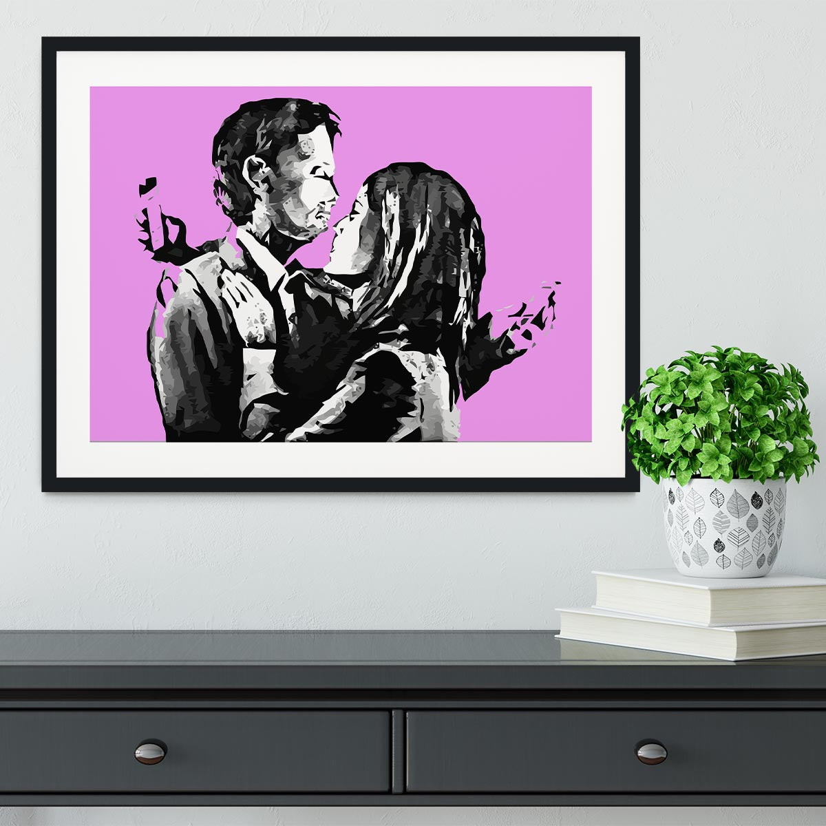 Banksy Mobile Lovers Purple Framed Print - Canvas Art Rocks - 1