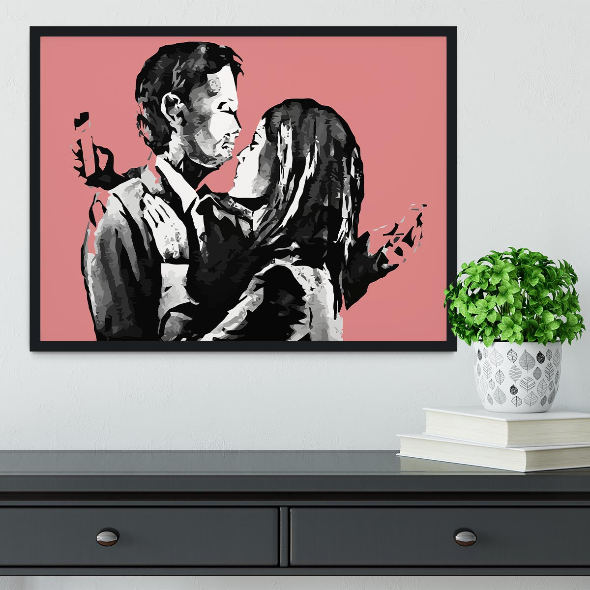 Banksy Mobile Lovers Red Framed Print - Canvas Art Rocks - 2