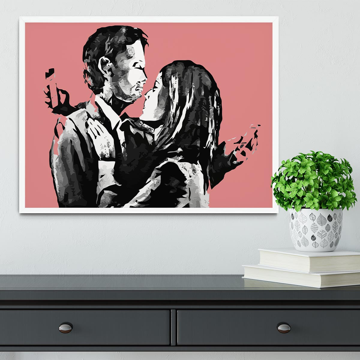 Banksy Mobile Lovers Red Framed Print - Canvas Art Rocks -6