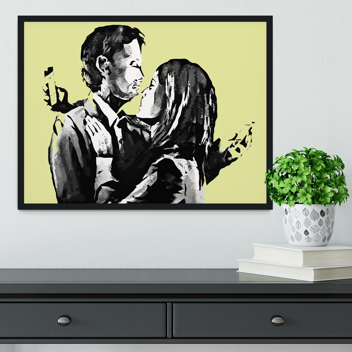 Banksy Mobile Lovers Yellow Framed Print - Canvas Art Rocks - 2