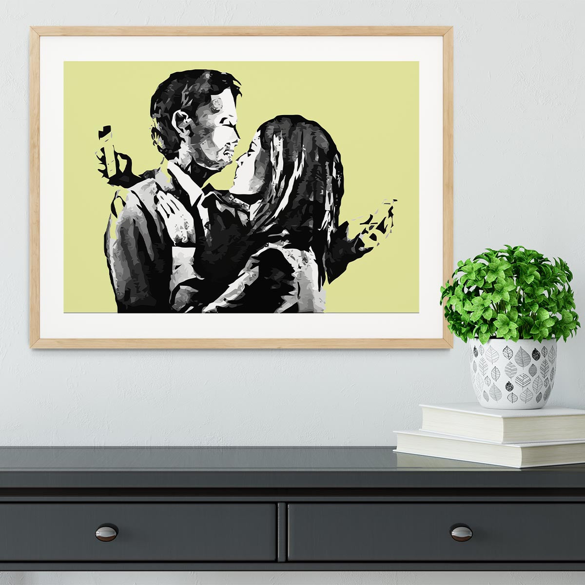 Banksy Mobile Lovers Yellow Framed Print - Canvas Art Rocks - 3