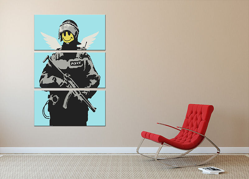 Banksy Smiley Angel Policeman Light Blue 3 Split Panel Canvas Print - Canvas Art Rocks - 2