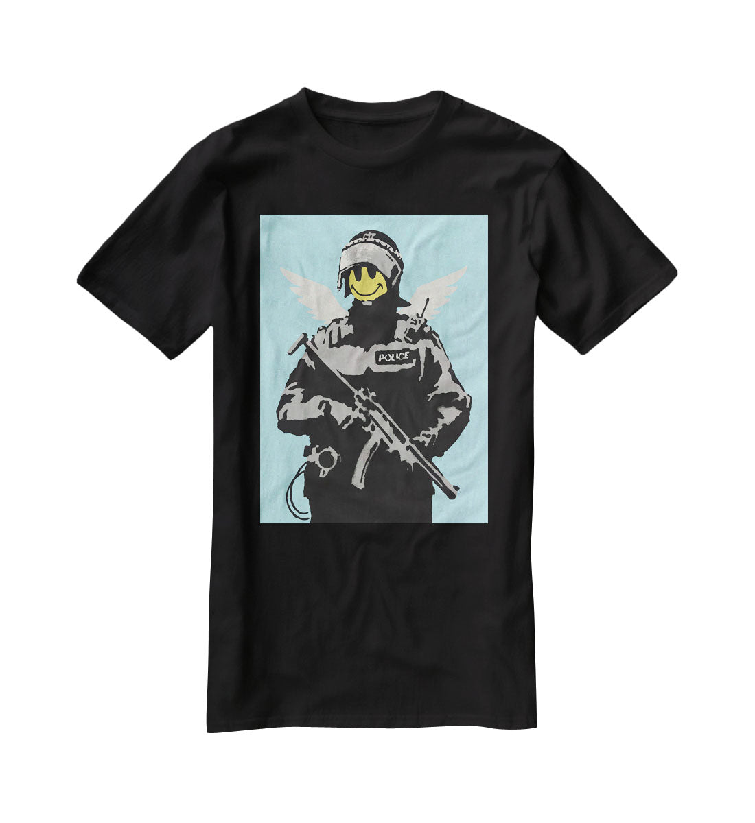 Banksy Smiley Angel Policeman Light Blue T-Shirt - Canvas Art Rocks - 1
