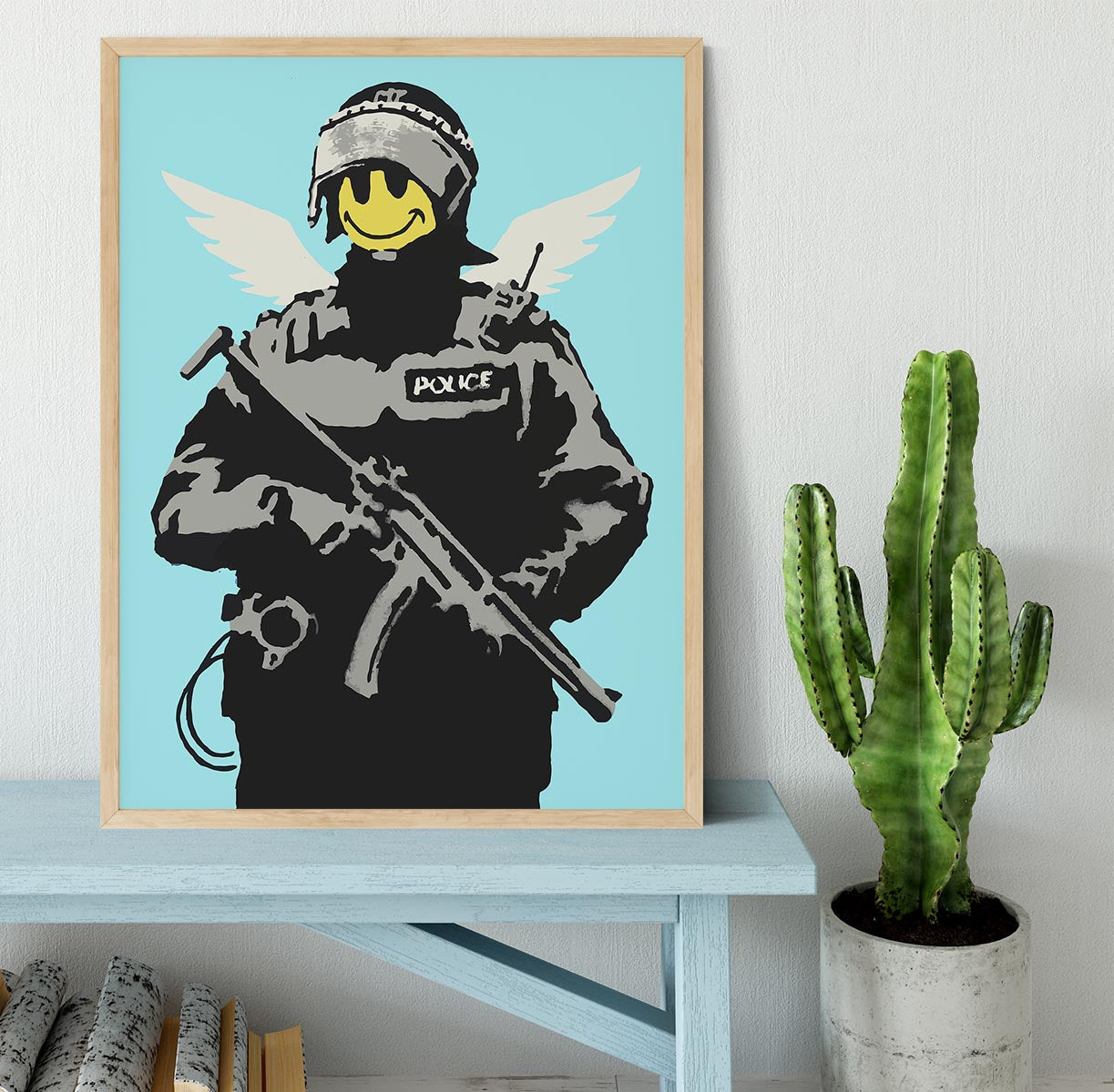 Banksy Smiley Angel Policeman Light Blue Framed Print - Canvas Art Rocks - 4