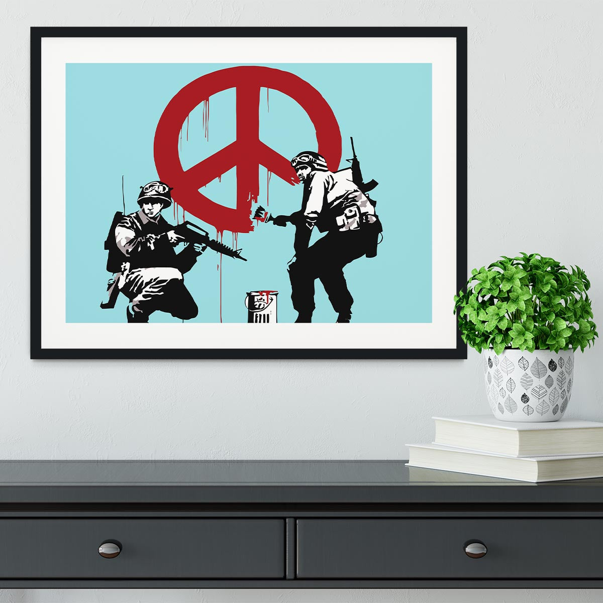 Banksy Soldiers Painting CND Sign Light Blue Framed Print - Canvas Art Rocks - 1
