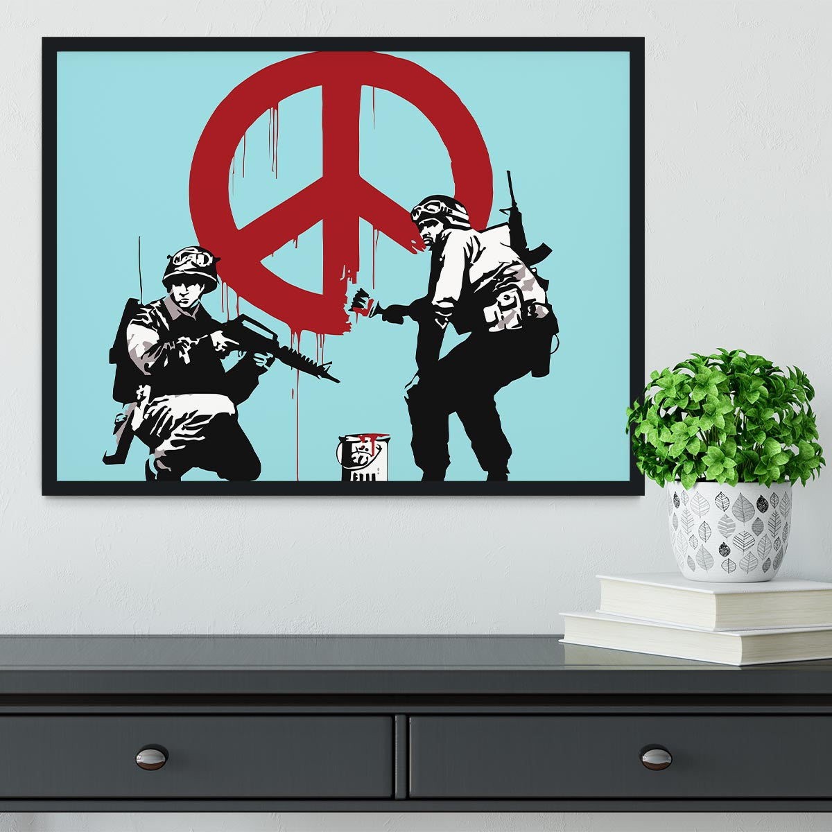 Banksy Soldiers Painting CND Sign Light Blue Framed Print - Canvas Art Rocks - 2