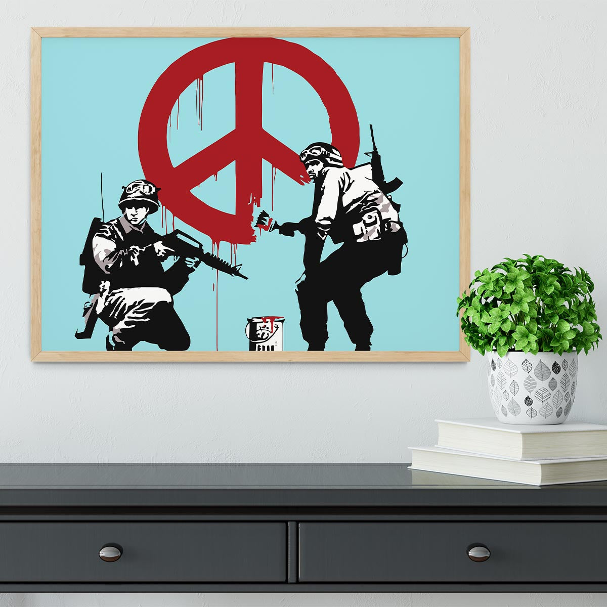 Banksy Soldiers Painting CND Sign Light Blue Framed Print - Canvas Art Rocks - 4