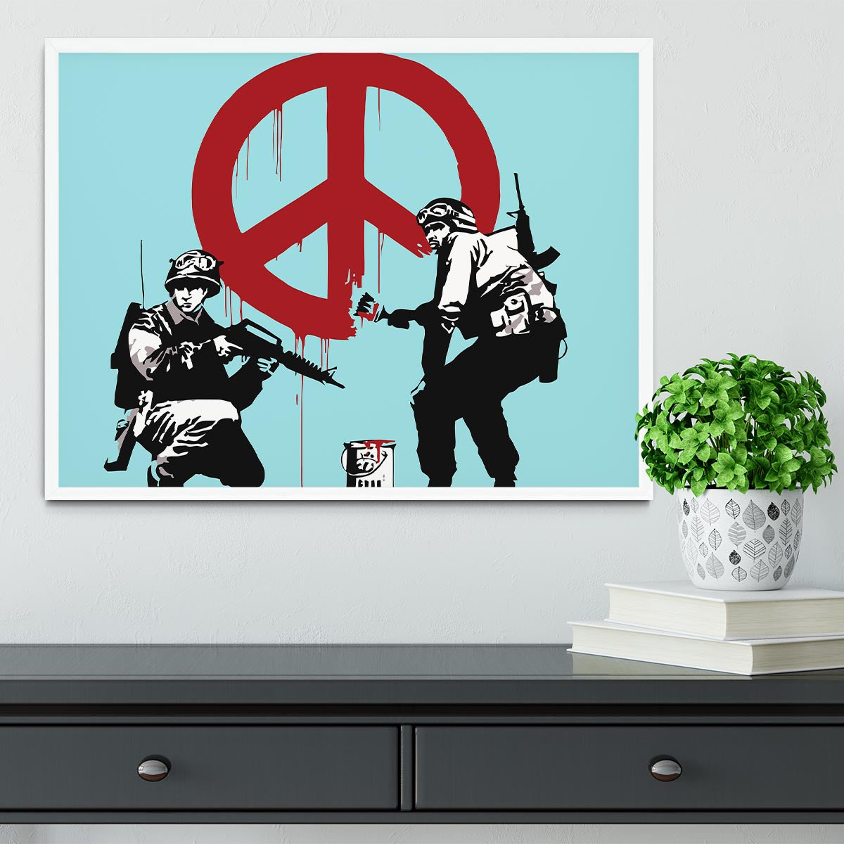Banksy Soldiers Painting CND Sign Light Blue Framed Print - Canvas Art Rocks -6