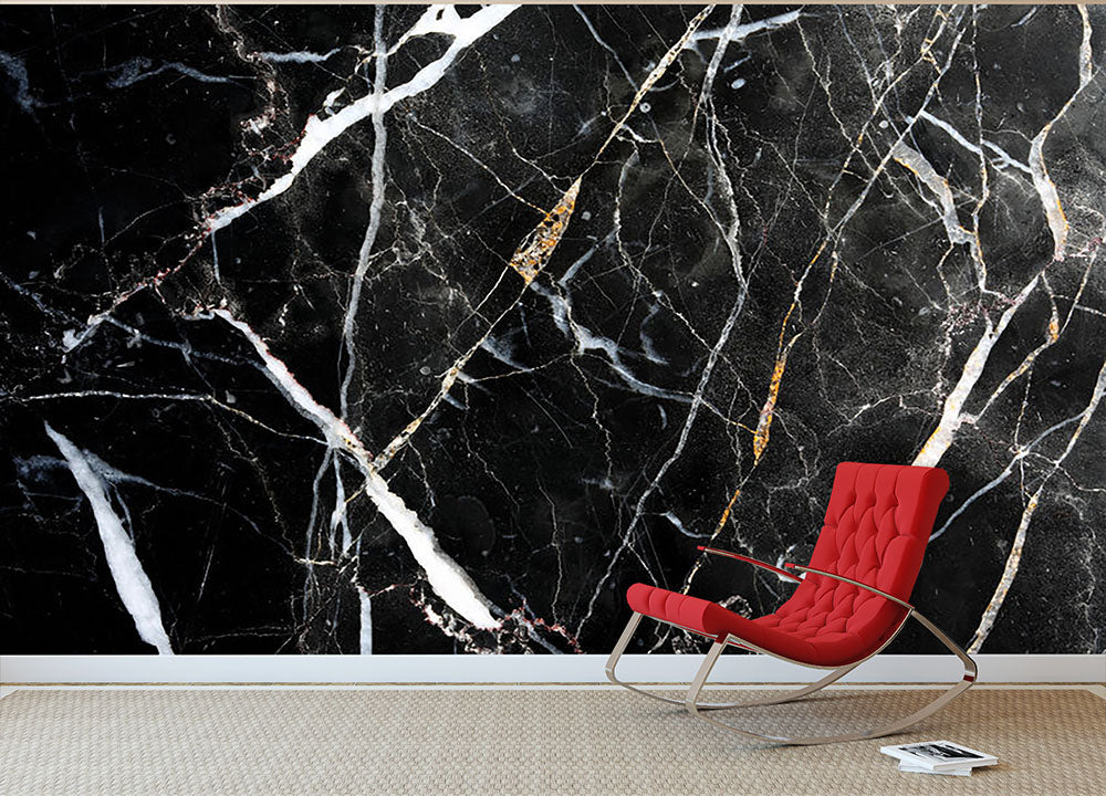 Black White and Gold Cracked Marble Wall Mural Wallpaper - Canvas Art Rocks - 2