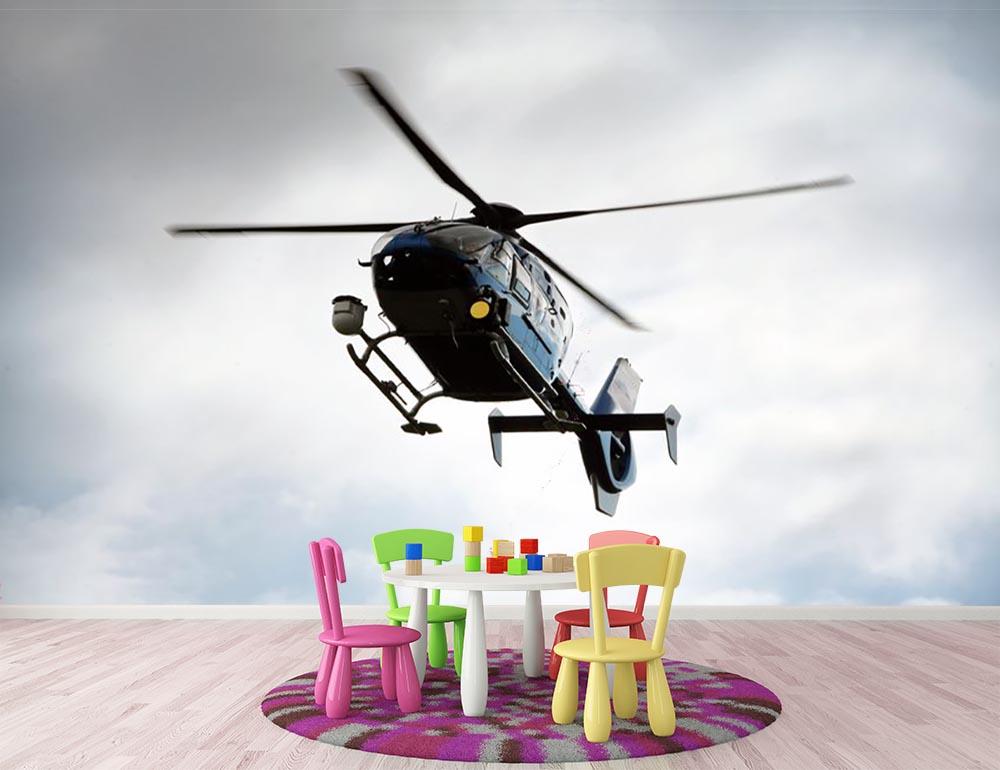 Blue and silver police helicopter flying above Wall Mural Wallpaper - Canvas Art Rocks - 3