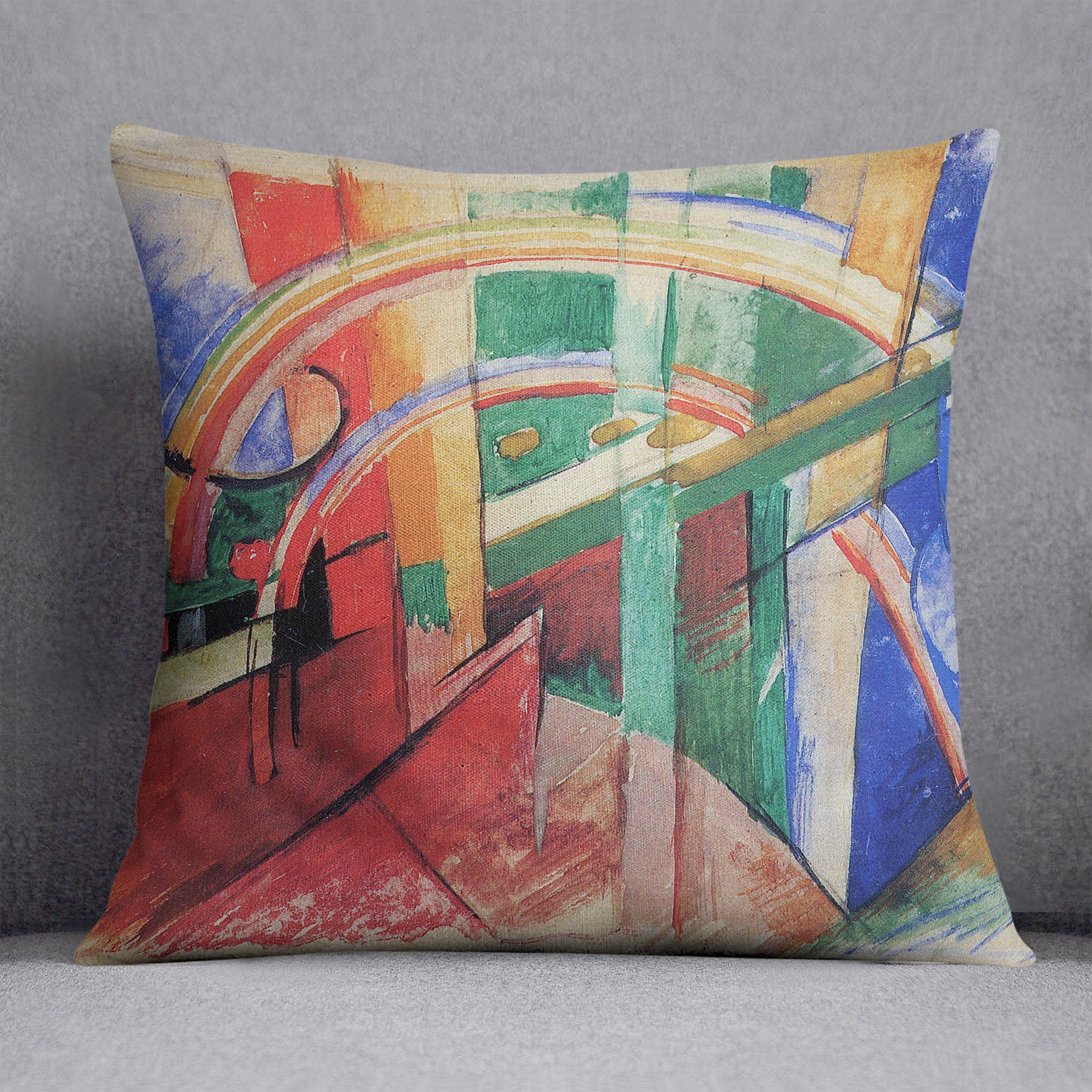 Blue horse with rainbow by Franz Marc Cushion