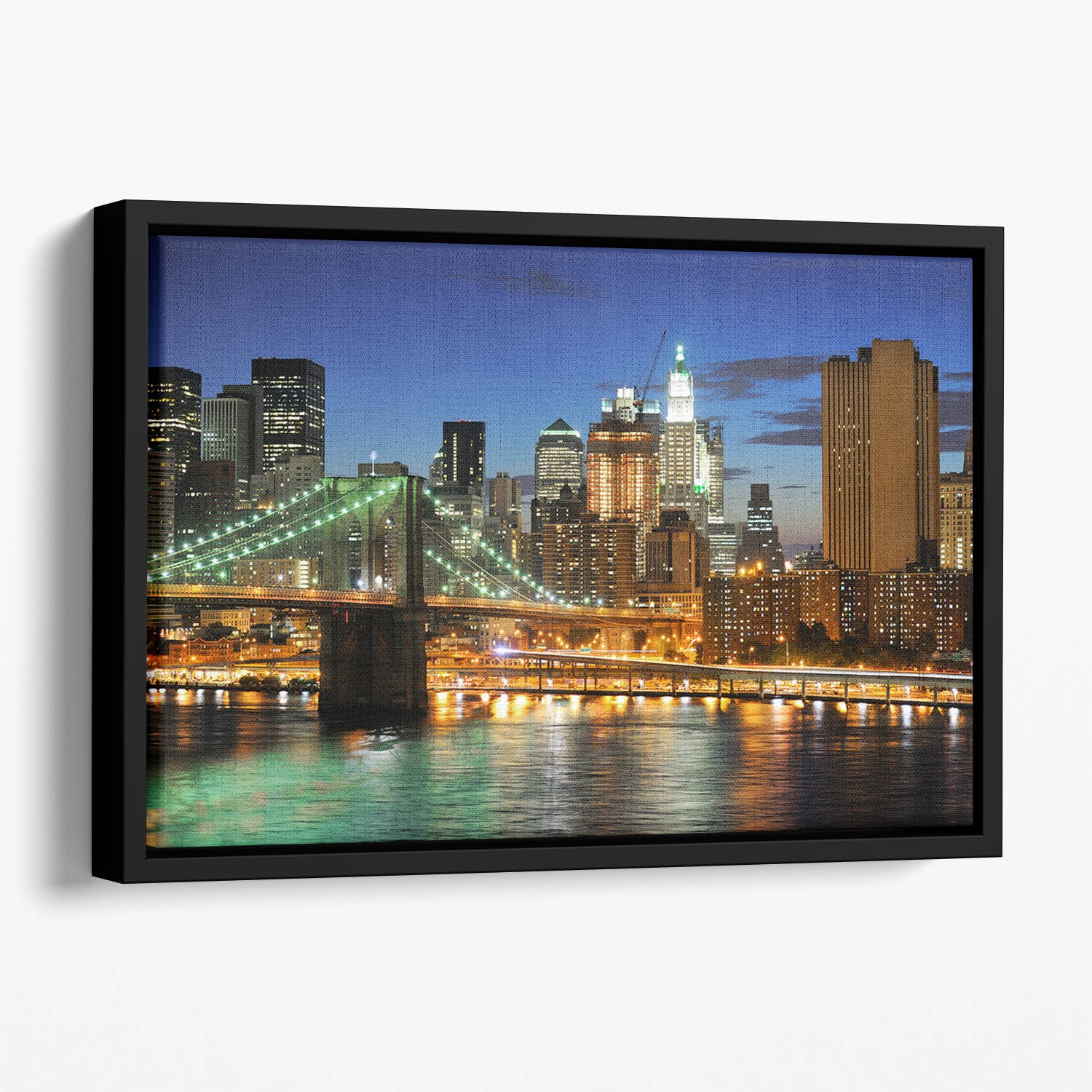 Brooklyn bridge downtown at night Floating Framed Canvas