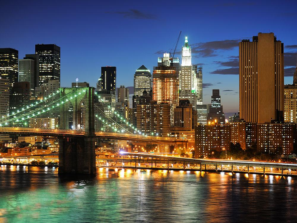 Brooklyn bridge downtown at night Wall Mural Wallpaper - Canvas Art Rocks - 1