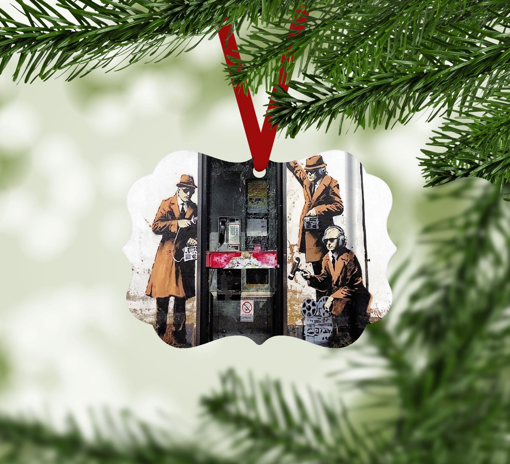Banksy Cheltenham Telephone Box Spies Christmas Ornament