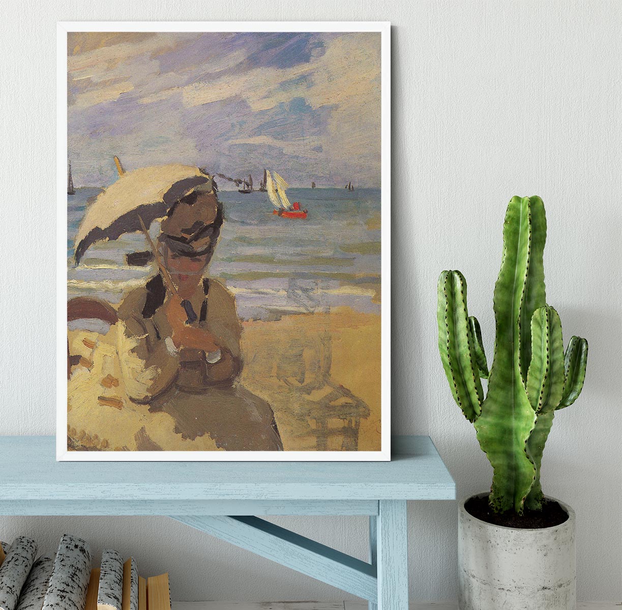 Camille Monet on the beach at Trouville by Monet Framed Print - Canvas Art Rocks -6