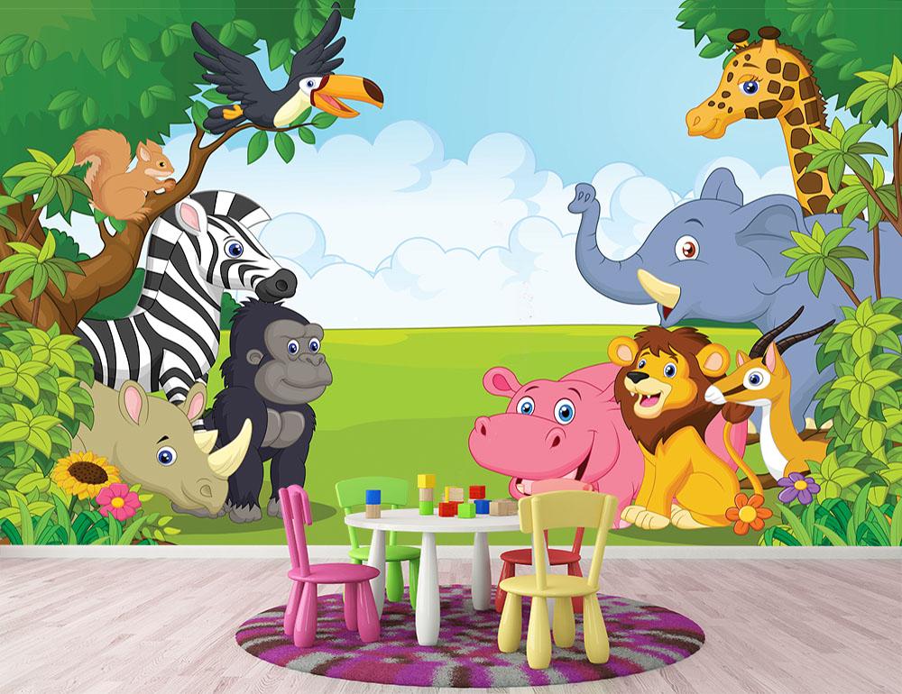 Cartoon collection animal in the jungle Wall Mural Wallpaper - Canvas Art Rocks - 2