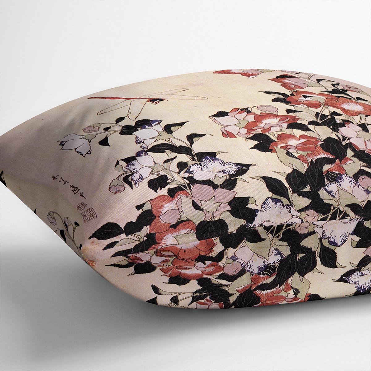 Chinese bell flower and dragon-fly by Hokusai Cushion