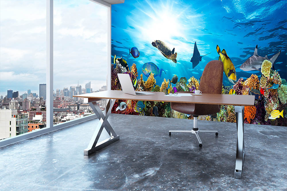 Colorful coral reef with many fishes and sea turtle Wall Mural Wallpaper - Canvas Art Rocks - 3