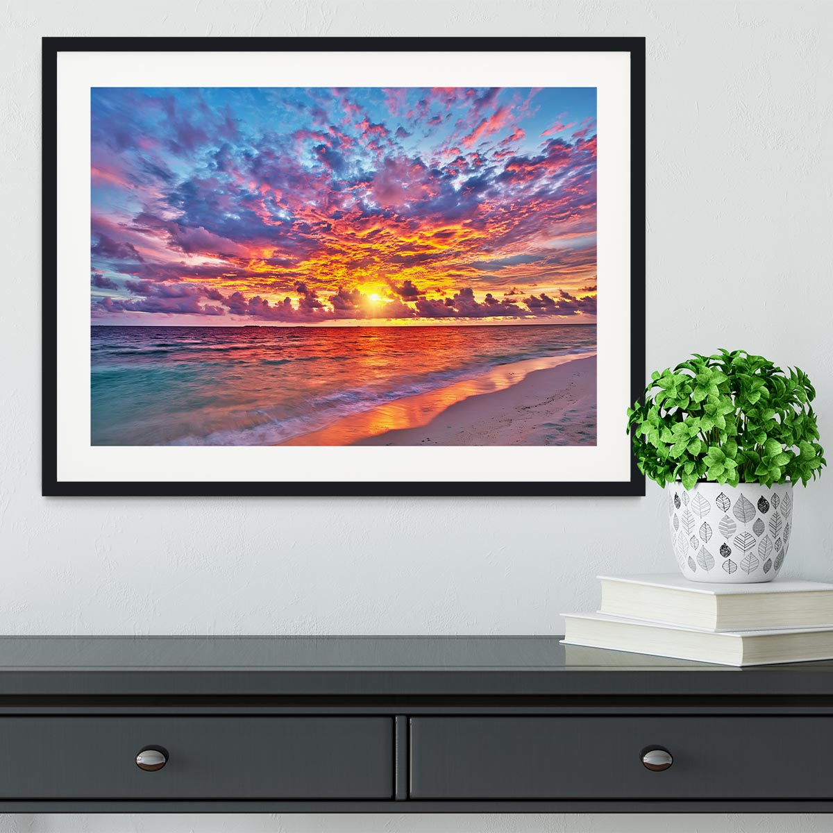 Colorful sunset over ocean on Maldives Framed Print - Canvas Art Rocks - 1