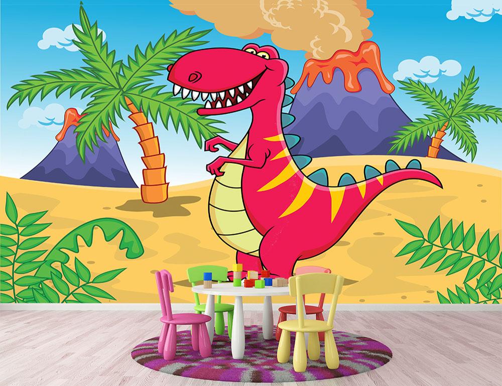 Dinosaur Volcano Cartoon Wall Mural Wallpaper - Canvas Art Rocks - 2