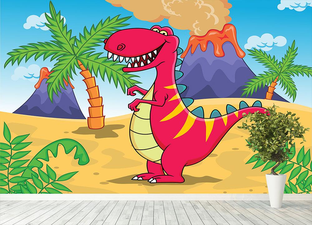Dinosaur Volcano Cartoon Wall Mural Wallpaper - Canvas Art Rocks - 4