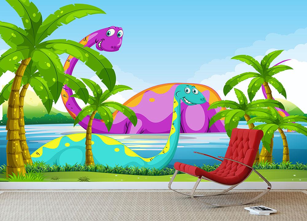 Dinosaur having fun in the lake Wall Mural Wallpaper - Canvas Art Rocks - 3