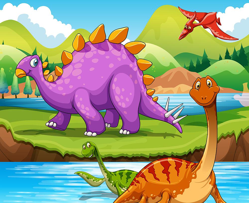 Dinosaurs living by the river Wall Mural Wallpaper - Canvas Art Rocks - 1