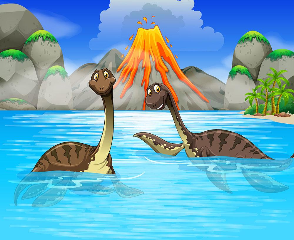 Dinosaurs swimming in the lake Wall Mural Wallpaper - Canvas Art Rocks - 1